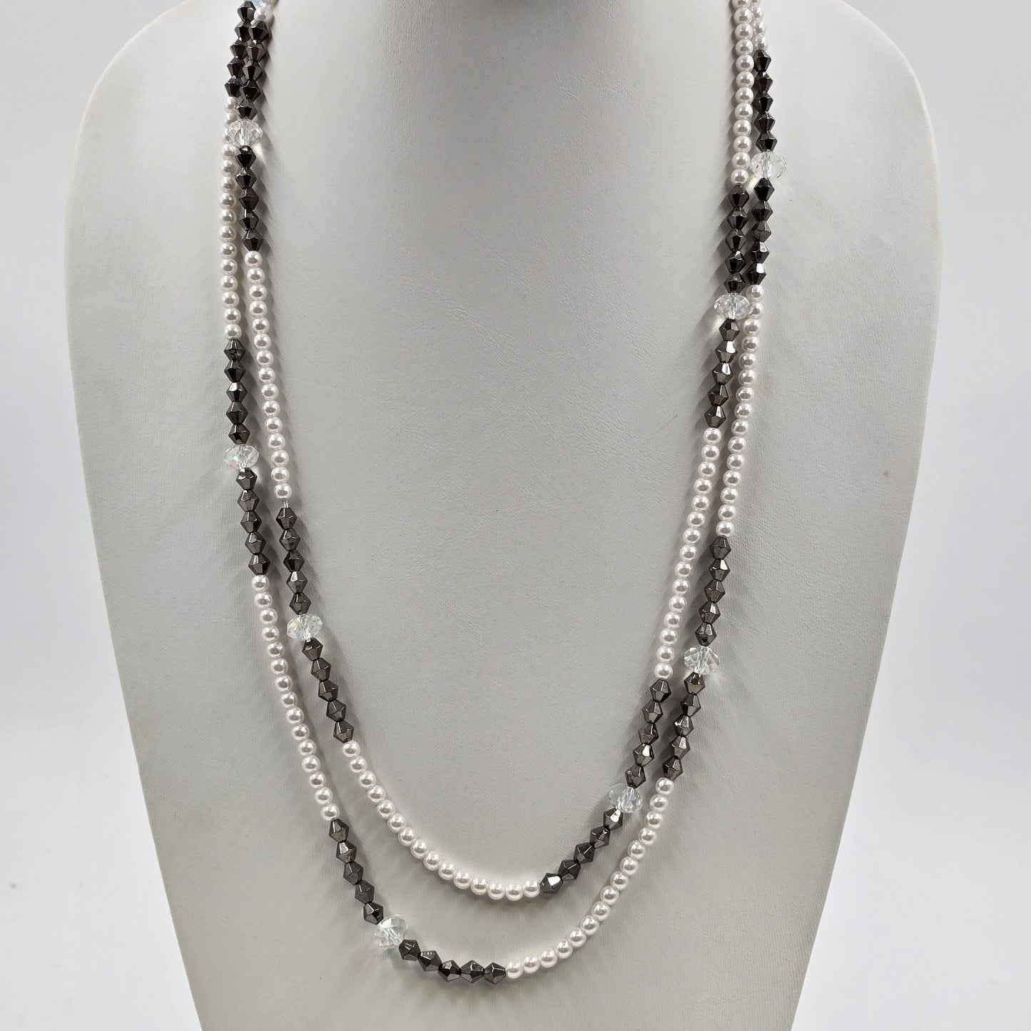 Double Strand Bicolor Long Necklace in Faux Pearl Amethyst Beaded 29"