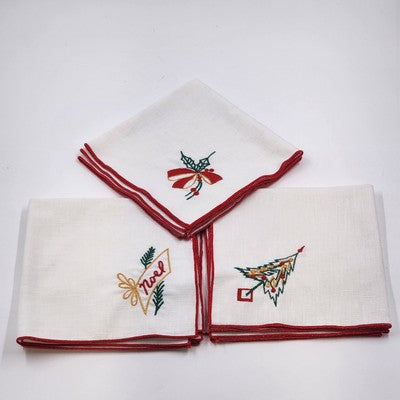 Set of 6 White Christmas Napkins 16" Red Hem Embroidered Holiday Designs