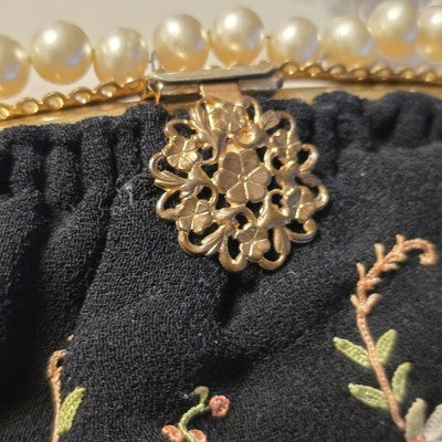 Black French Evening Clutch Bag Wrist Strap French Knot Embroidered Pearls 1930s