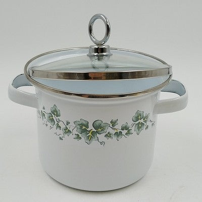 Corelle Coordinates Lincoware Callaway Enamel Mini Stock Pot with Glass Lid – 5" Vintage Green Ivy Design
