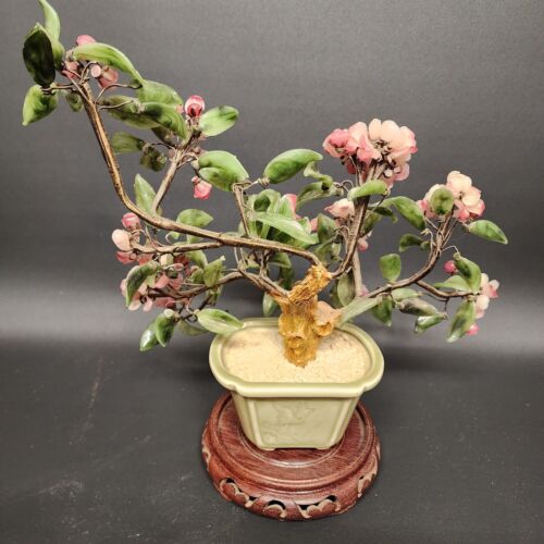 Japanese Bonsai Glass Tree Clay Pot Figurine Leaves Pink Flowers Wood Base Vtg