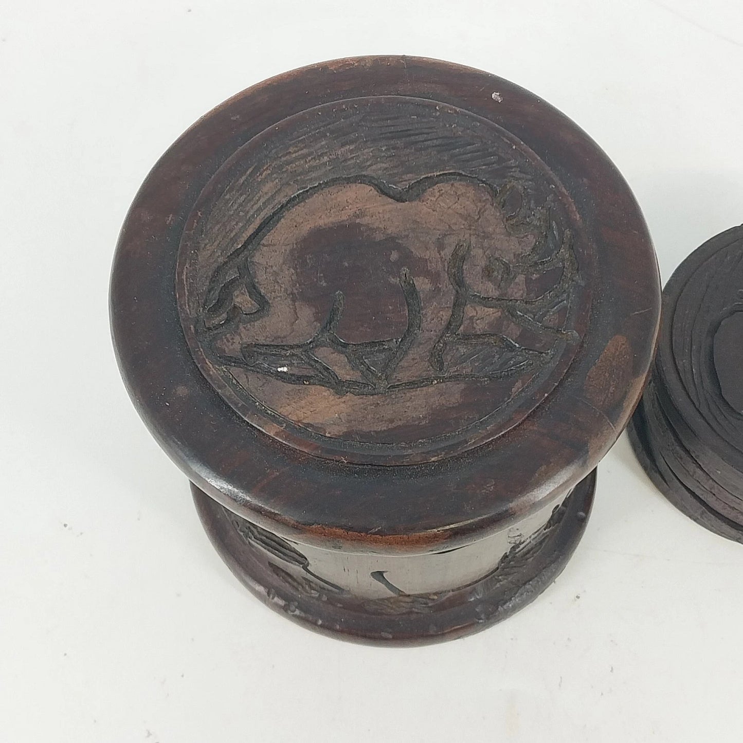 Hand Carved Wood Elephant Coaster Storage & Lid Set African Safari Barware Vtg