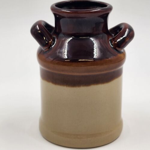 Stoneware Milk Can 5.25" Crock 2 Handles Brown & Beige Crazed