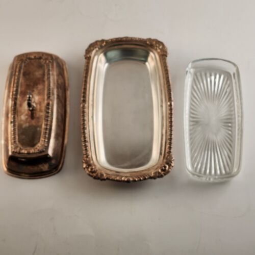 Sliver Plate Butter Dish Vintage Tarnished Table Decor 3 Piece Top Bottom Insert