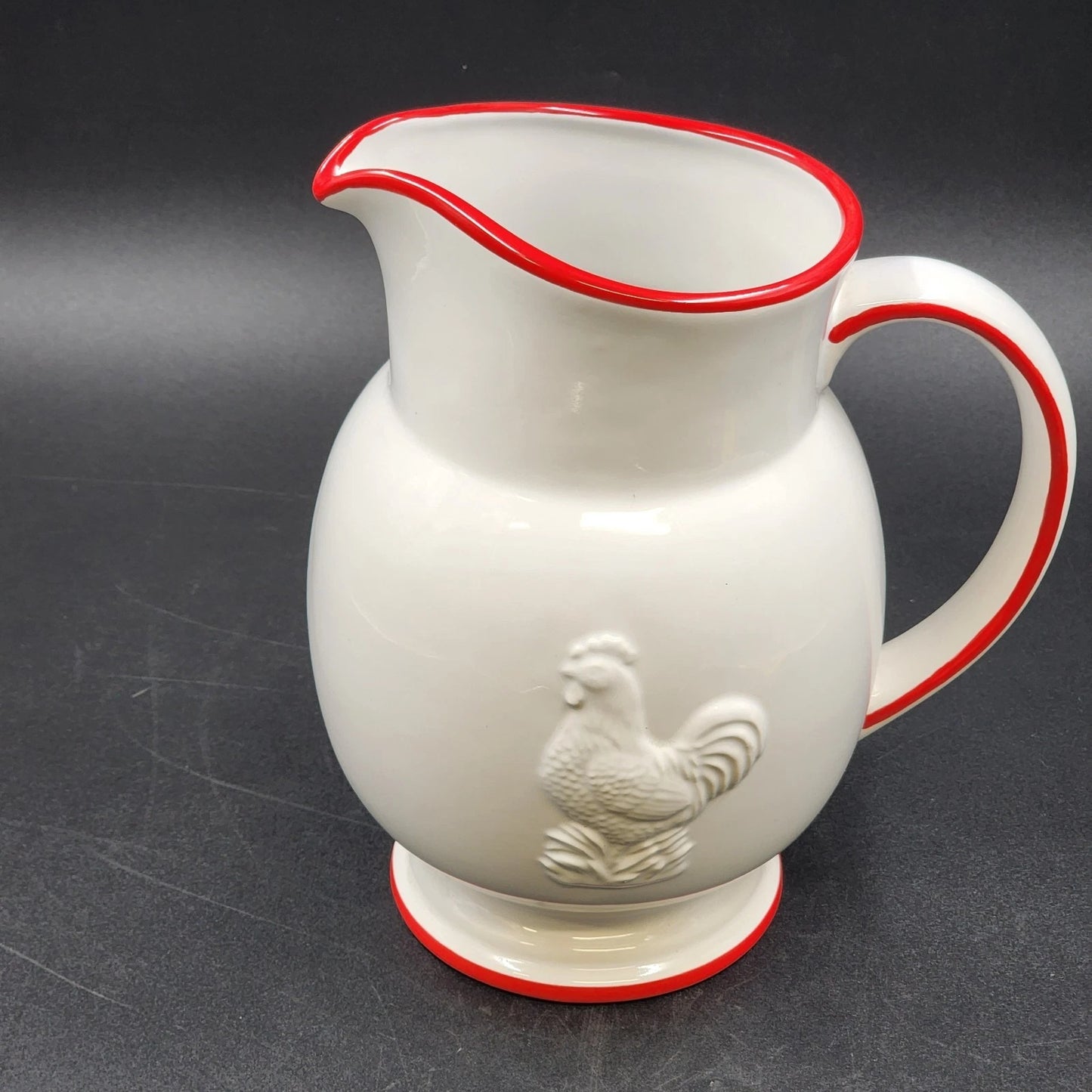 Four’s Gift Rooster Pitcher 9.5" White Ceramic Red Trim w Handle 2003 Farmhouse