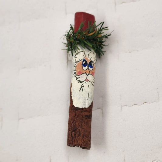 Santa Claus Cinnamon Stick Brooch Lapel Pin Hand Painted 2.75" Christmas Jewelry