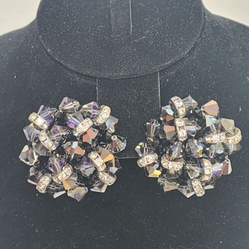 Amber Bead & Clear Rhinestone Clip-On Earrings 1.5" Diameter Vintage