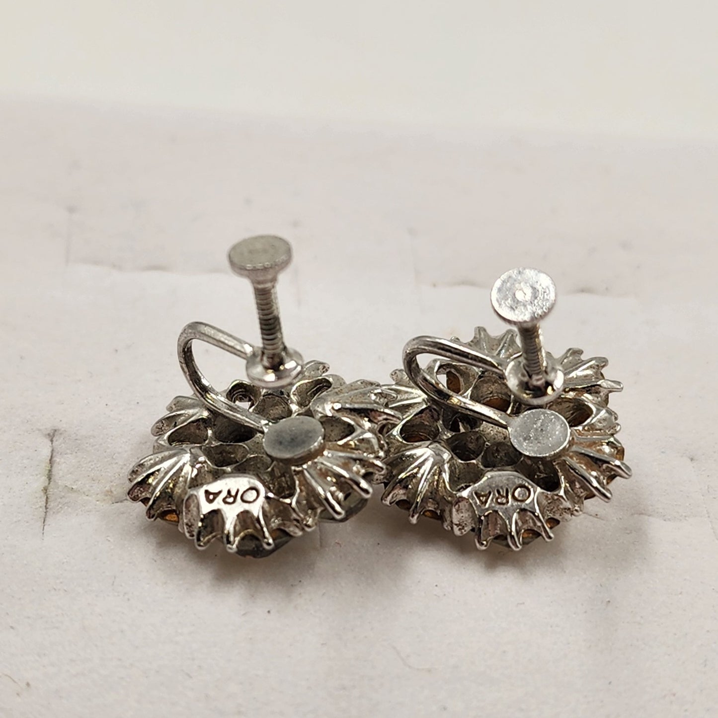 Elegant Silver Tone Clear Rhinestone Button Earrings Vintage Screw Back 0.75”