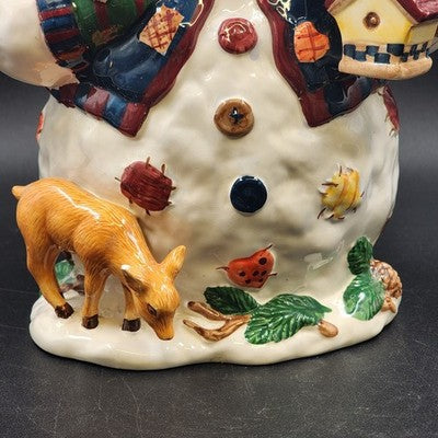 Ceramic Snowman Cookie Jar 13" w/ Birdhouse, Deer, Squirrel, Hat & Bowtie