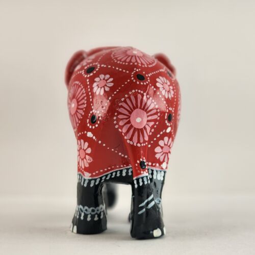 Red and Black Lacquer Painted Elephant Hand Carved Wood Vintage 3"h