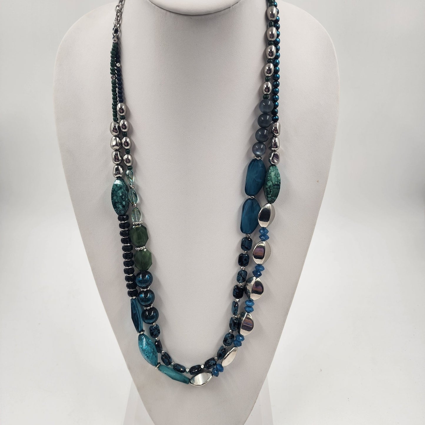 Catherines Double Strand Silver Tone Blue Black Green Faux Pearl Beads Necklace