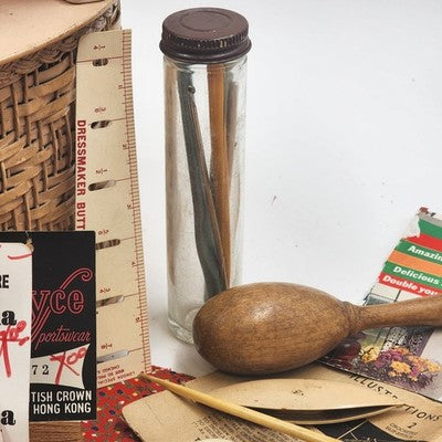 Wood & Wicker Harvey Round Sewing Basket with Miscellaneous Sewing Items Vintage