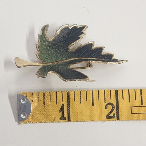 Green Enamel Maple Leaf Brooch Pin Gold Tone Rim and Backing 2" Long Vtg Jewelry