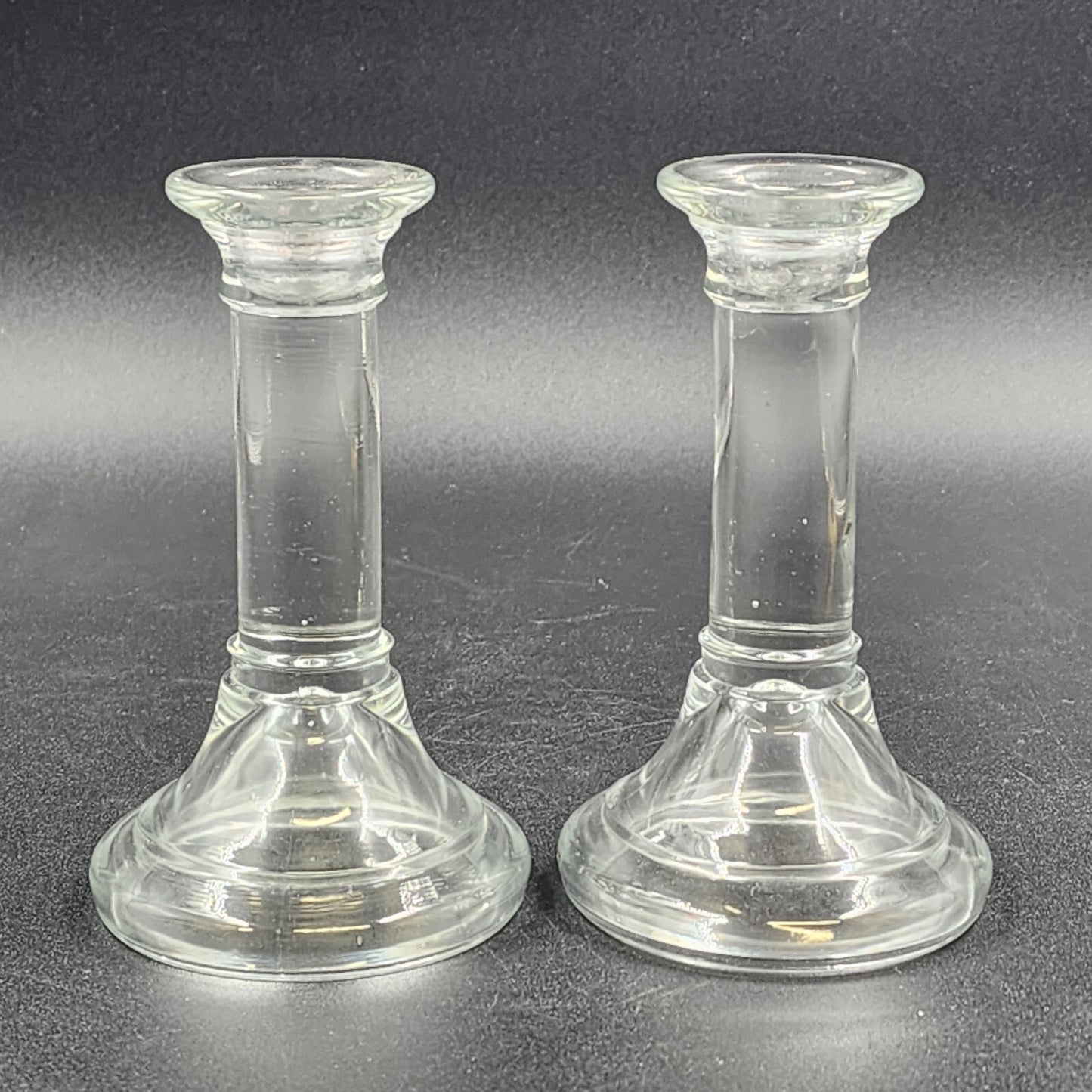 2 Heavy Clear Glass Candlestick Holders Pillar Round Height Choice Poland Vtg