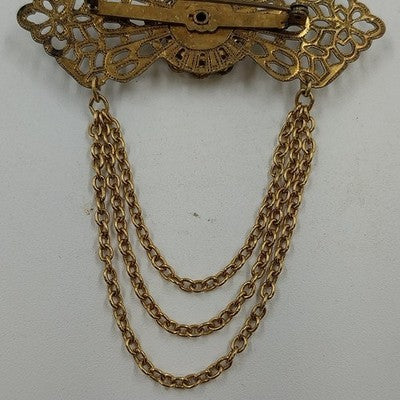 Gold Tone Filagree Metal Work & Cabochon Stone with Dangling Multi Chains Brooch