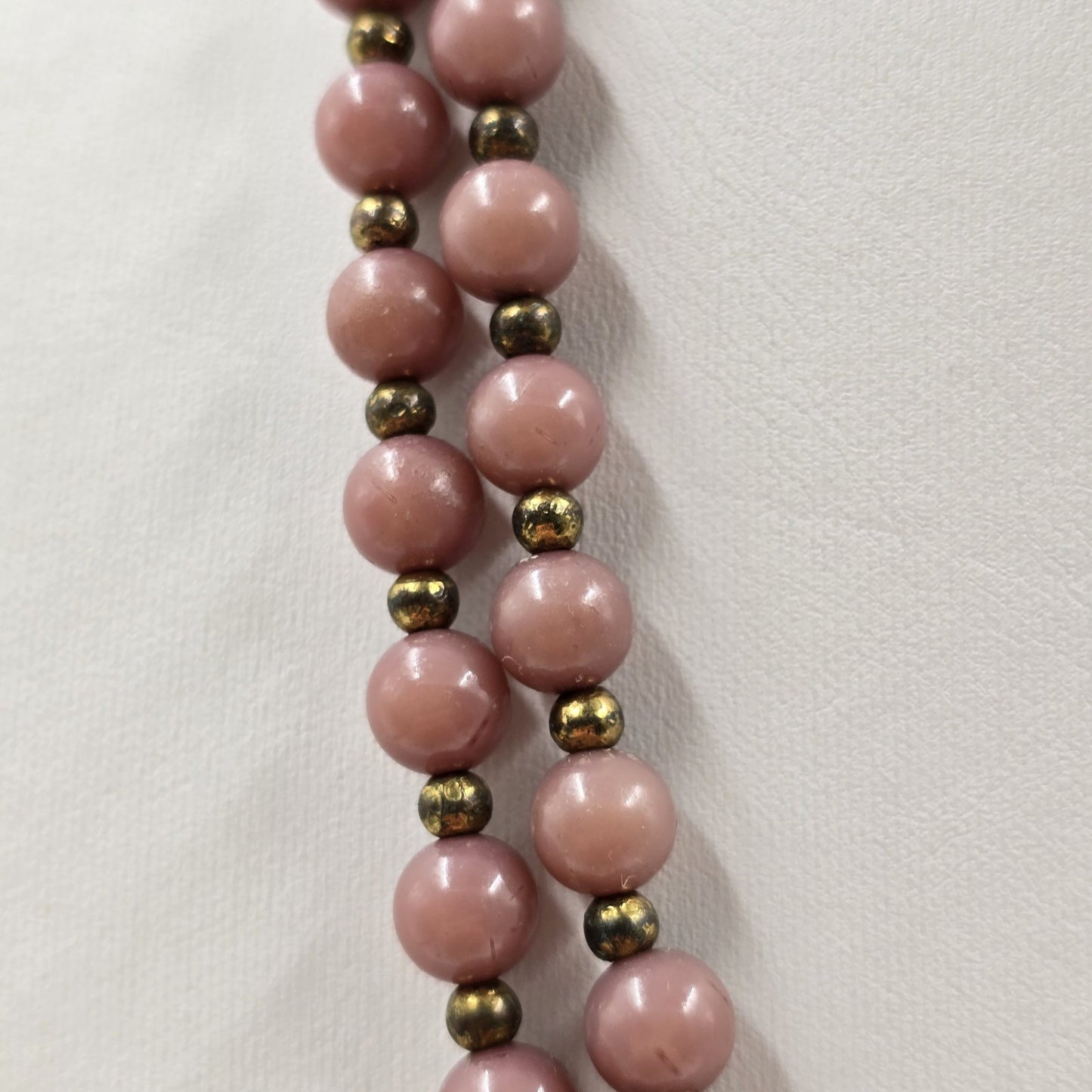 Gold Tone Pink Shiny Glass Faux Pearl Stone Bead Long Necklace 26.5"