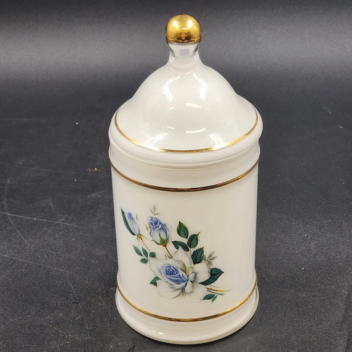 Apothecary Jar Blue Tea Rose in White Frosted Milk Glass with Gold Trim 9" x 4"d