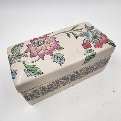 Embossed Ceramic Jewelry Box Macau Hand Painted Pink Blue Floral Design 8"x4"x4"