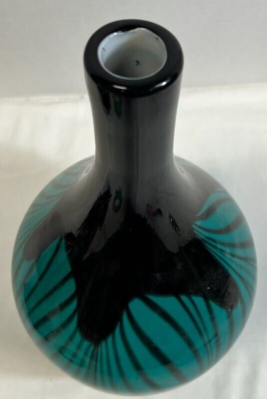 Murano Style Black Teal Swirled Cased Art Glass Italian Vase 15” Elegant Statement Piece Statement