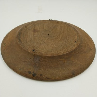 Natural Wood Round Plate Hand Carved Floral Wall Hanging Decor 11.75" Repaired