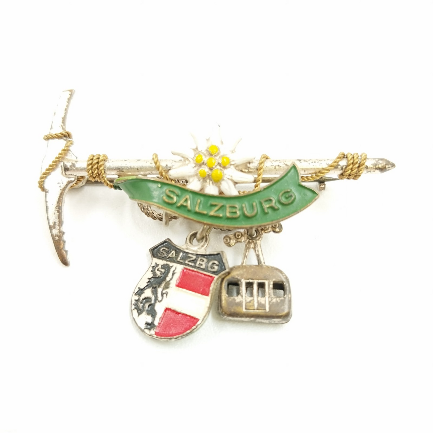 Salzburg Austria Brooch Pin Badge Featuring Ice Axe Edelweiss Flower w 3 Charms