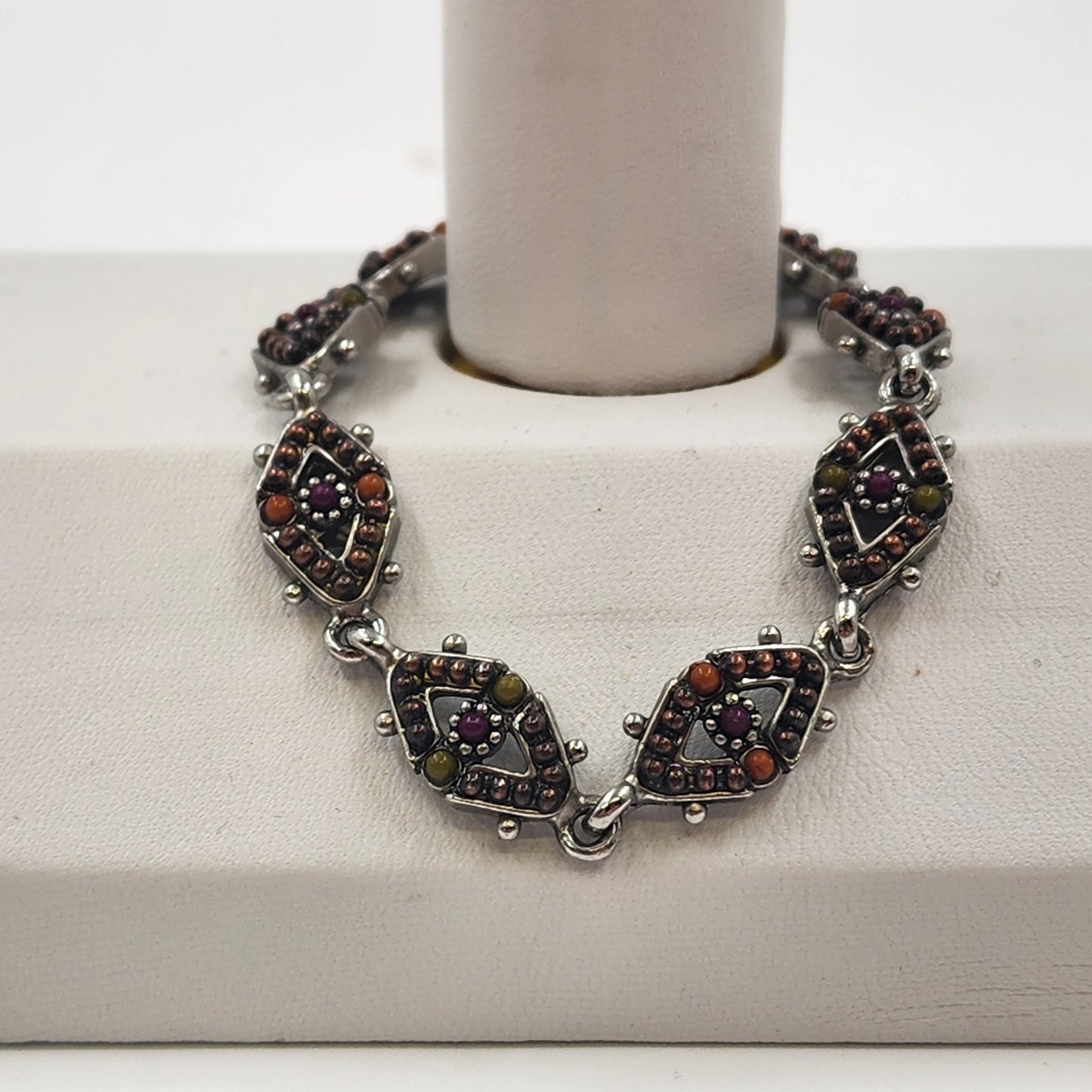 Diamond Chain w/ Orange Brown Beaded Quartz Silver Tone Magnetic Bracelet 7"