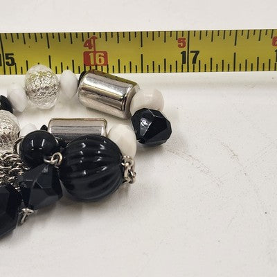 Silver Tone Chains w Black White & Silver Tone Beads Three Strand Necklace 17"