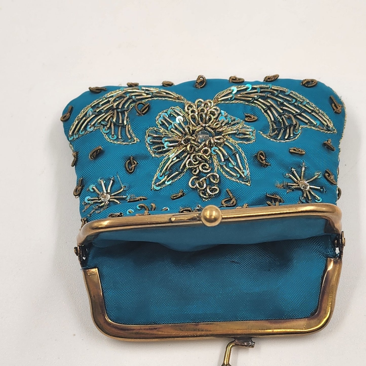 Indian Coin Purse Brass Clasp Outline Stitch Sequins and Glass Beads Vintage 4"w