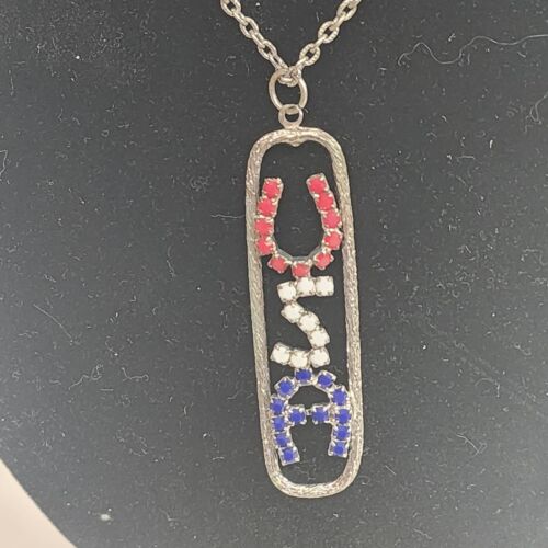 Red/White/Blue USA Pendant on Silver Tone Chain Necklace