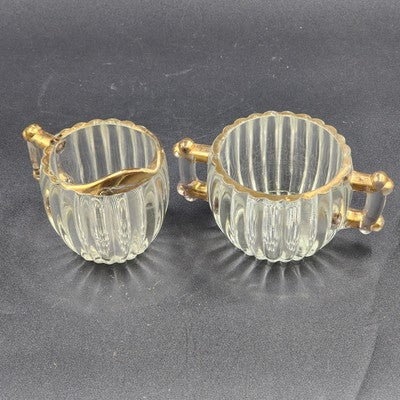 Jeannette Clear Glass Sugar Bowl & Creamer Set Gold Trim Hobnail Bottom