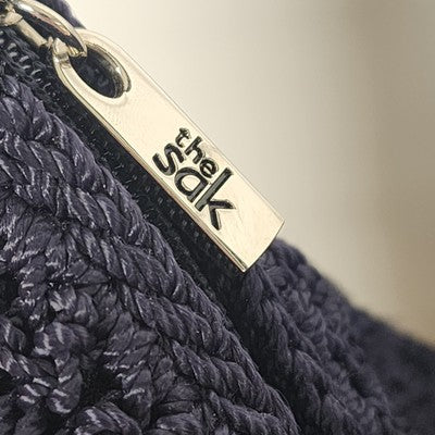 The Sak Navy Blue Striped Crocheted Boho Shoulder Hand Bag Purse Zipper 10"x13"
