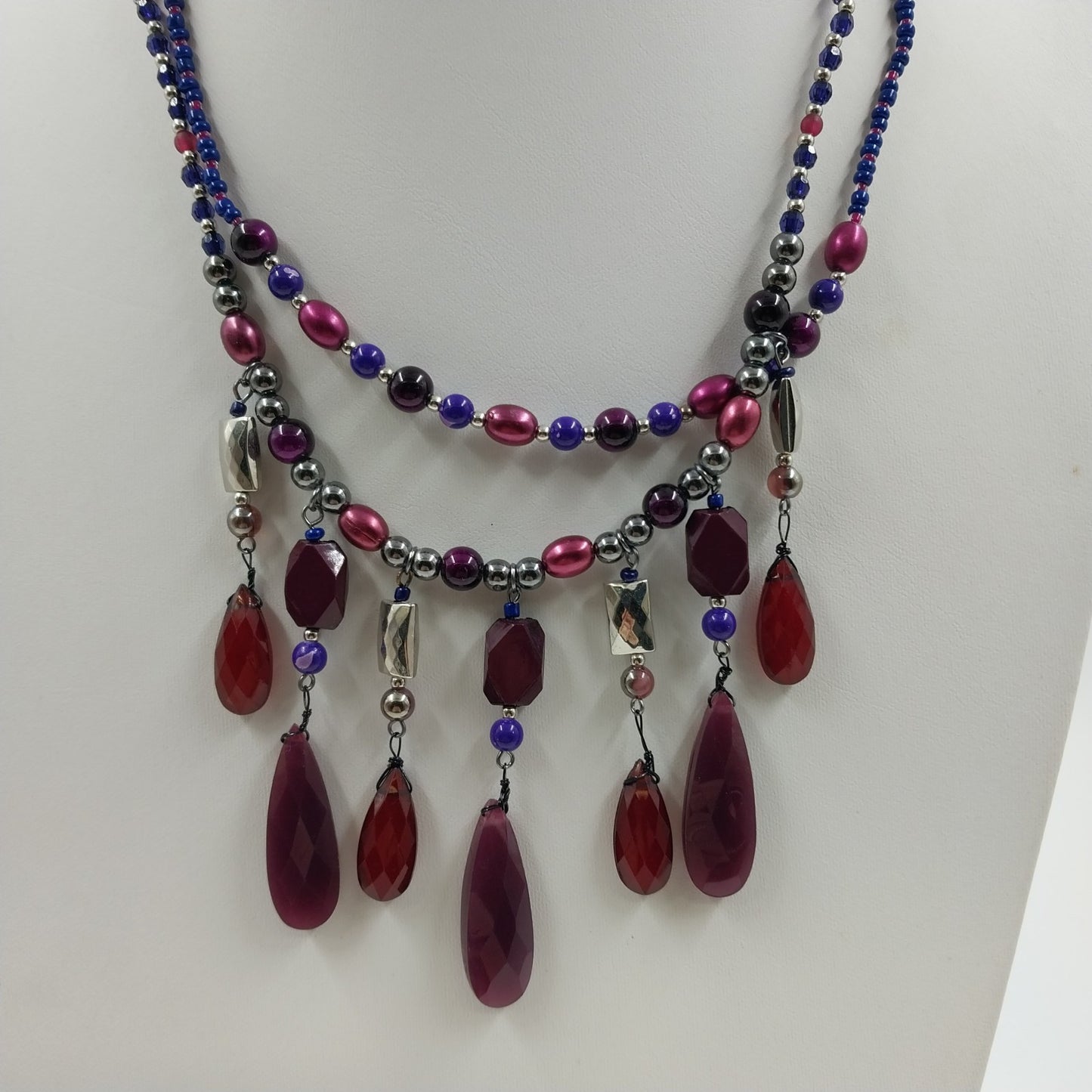 Catherines Red Quarts Dangles Navy Pink Silver Tone Beads Double Strand Necklace