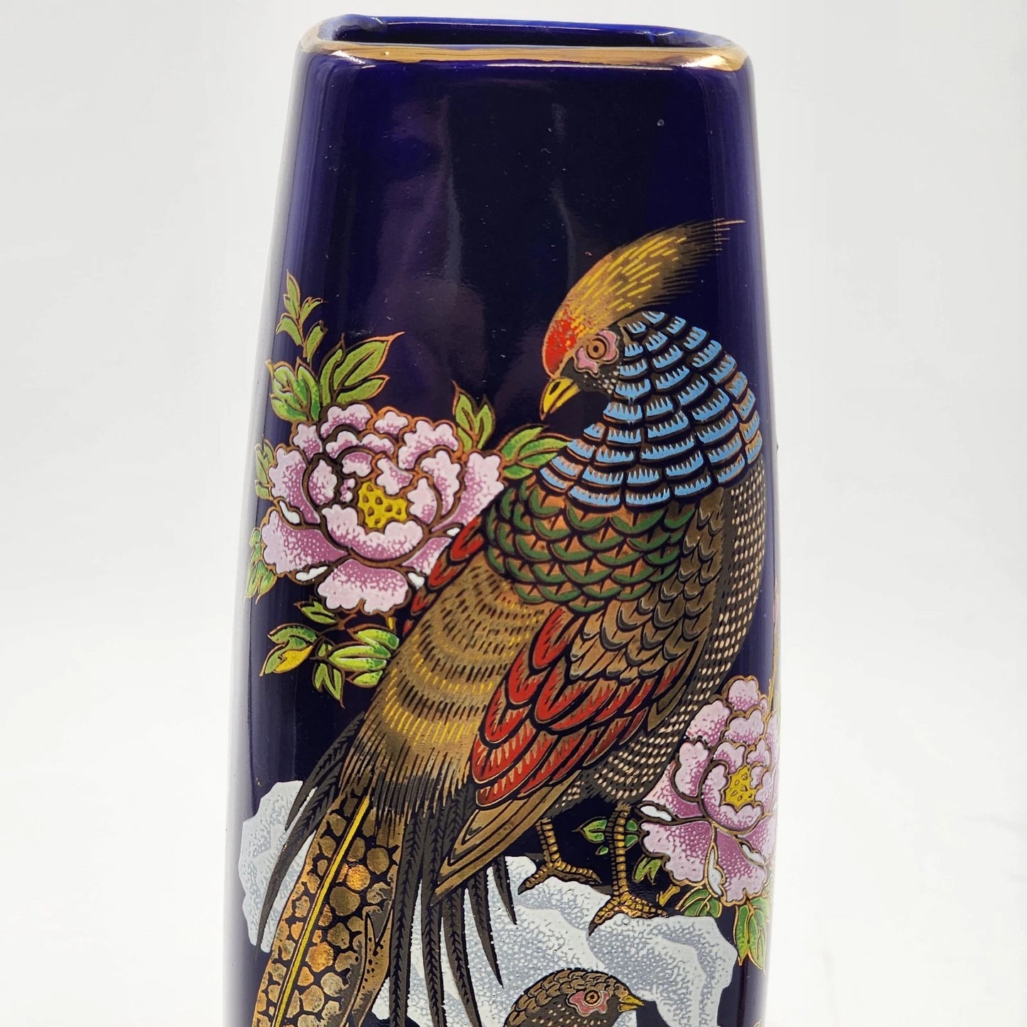 Kutani Interpur Peacocks Floral Vase Cobalt Blue & Gold Trim Japan 9.25”