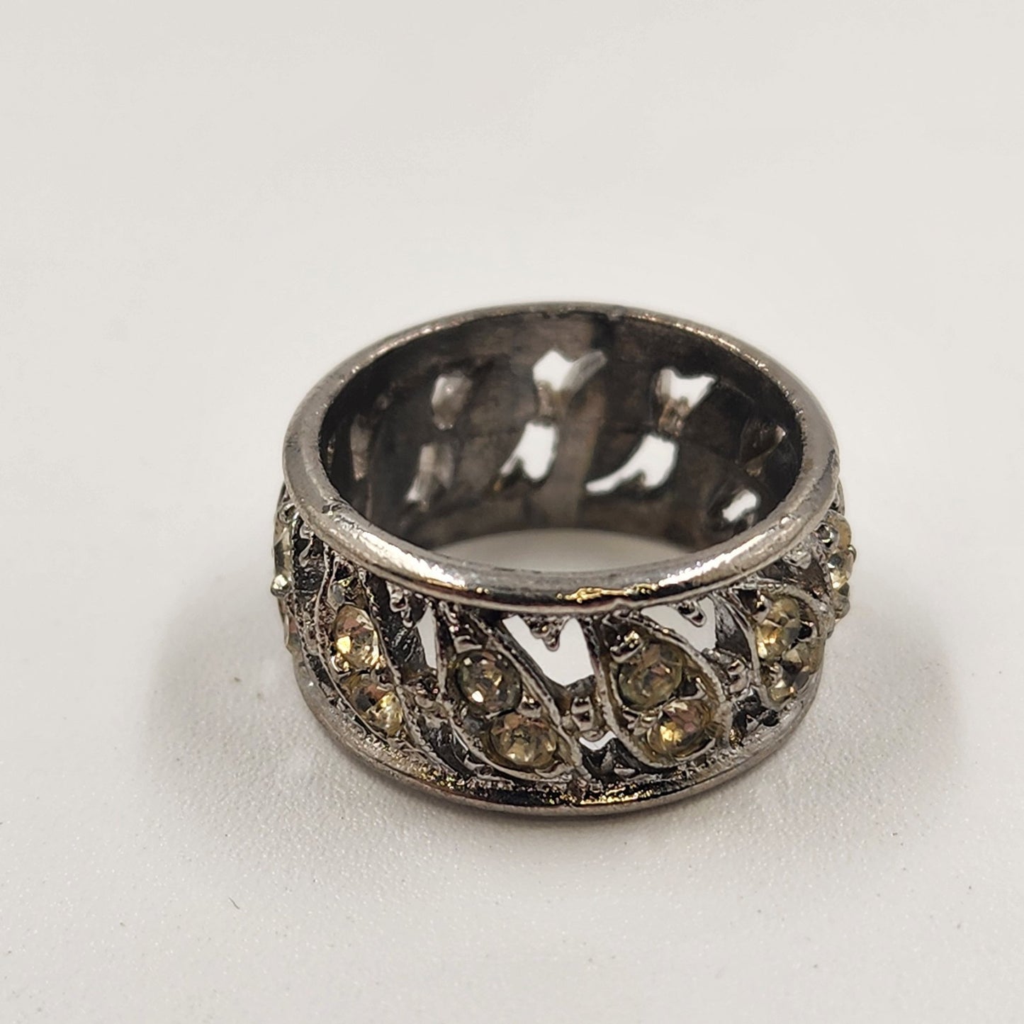 Silver Tone Eternity Ring with Clear Crystal Yellow Rhinestone Size 7 Vintage