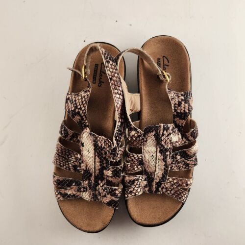 Clarks Collection Women Beige Snake Skin Print Sandals Singback Brown Size 7.5