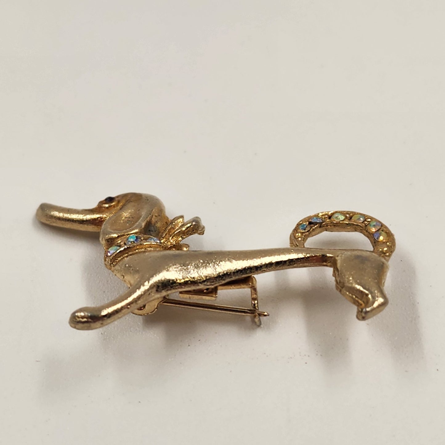 Dachshund Dog Gold Tone Brooch Badge Pin w/ Red Eyes Crystal Clear Rhinestone 2"