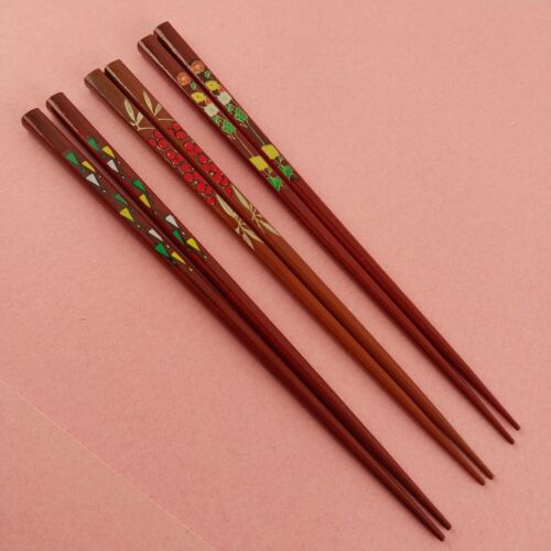3 pr Chopsticks Square Japanese Lacquerware Brown Floral Geometric Pattern