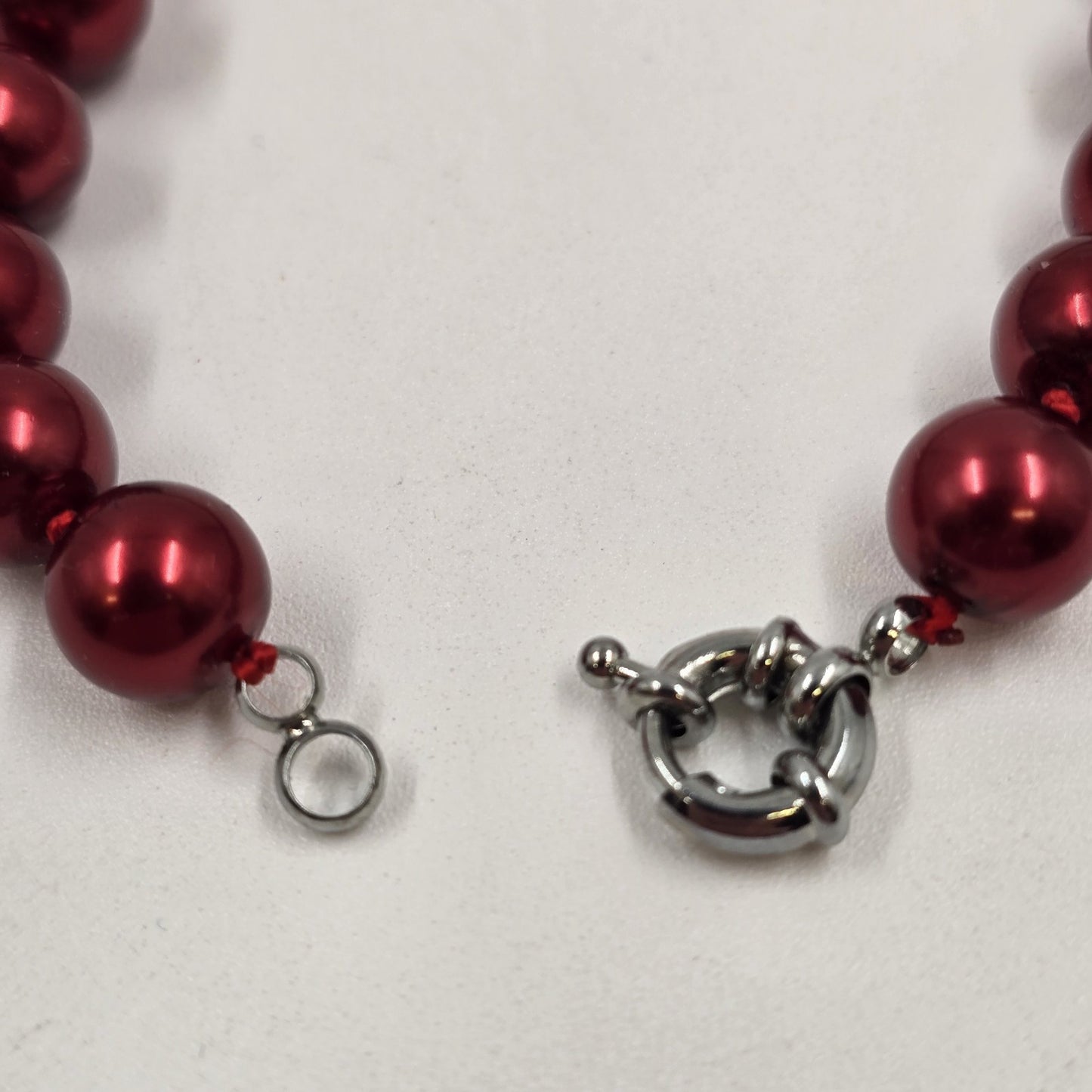 Deep Red Glass Faux Pearl Beads Silver Tone Statement Necklace 8.5"
