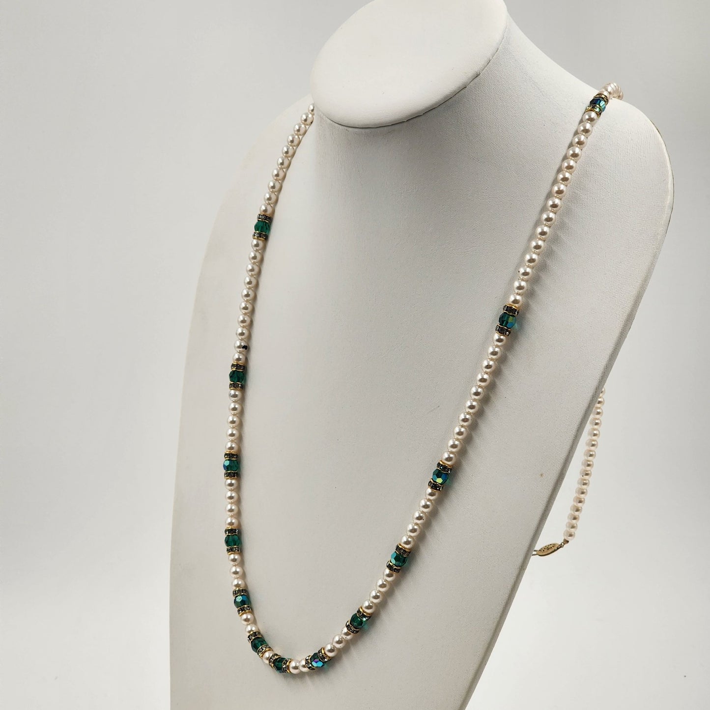 Fashion Faux Pearl Necklace 23” Length Blue & Clear Rhinestones Fishhook Clasp