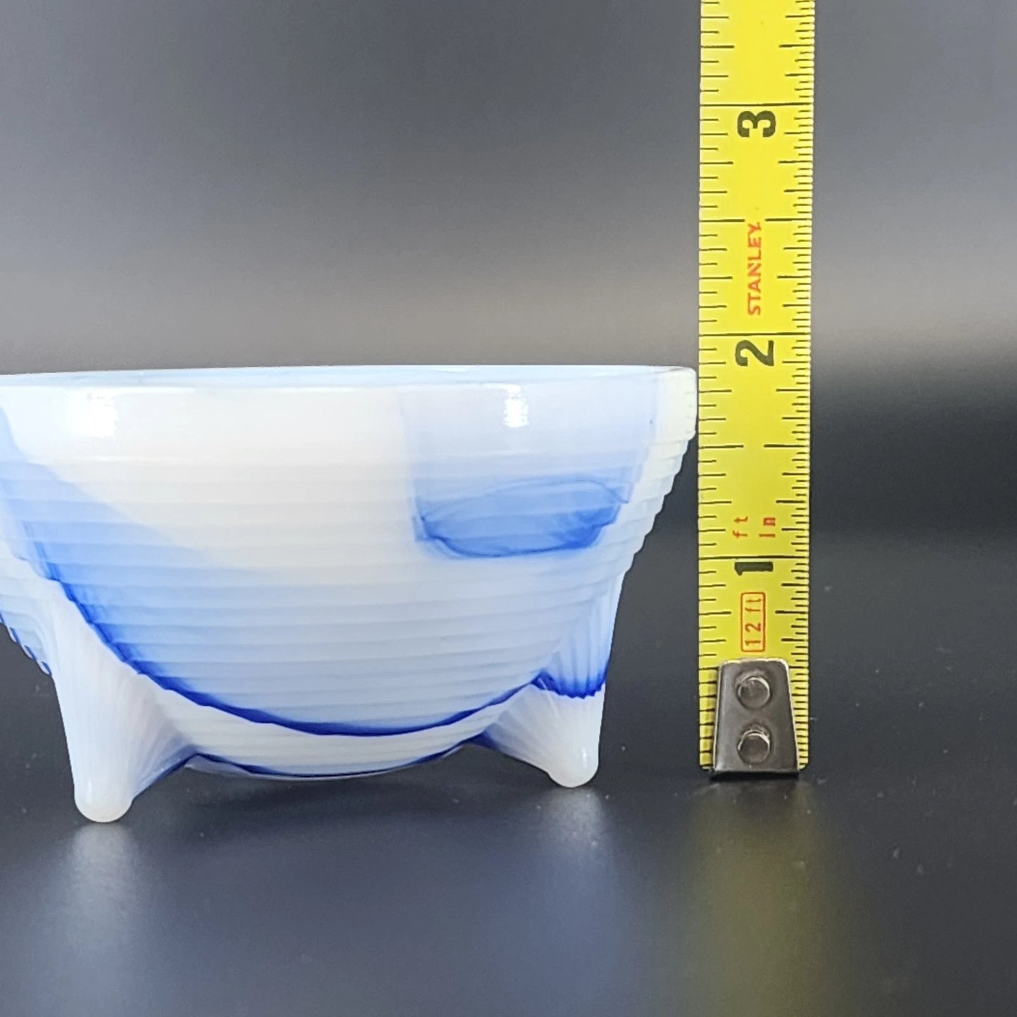 Akro Agate Blue & White Swirl Slag Glass Three Footed Bowl Marbled Cup 3.5" Vtg