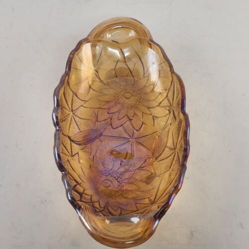 Indiana Glass Celery Dish Sunflower Oval Candy Nut Closed Handles Amber Vintage