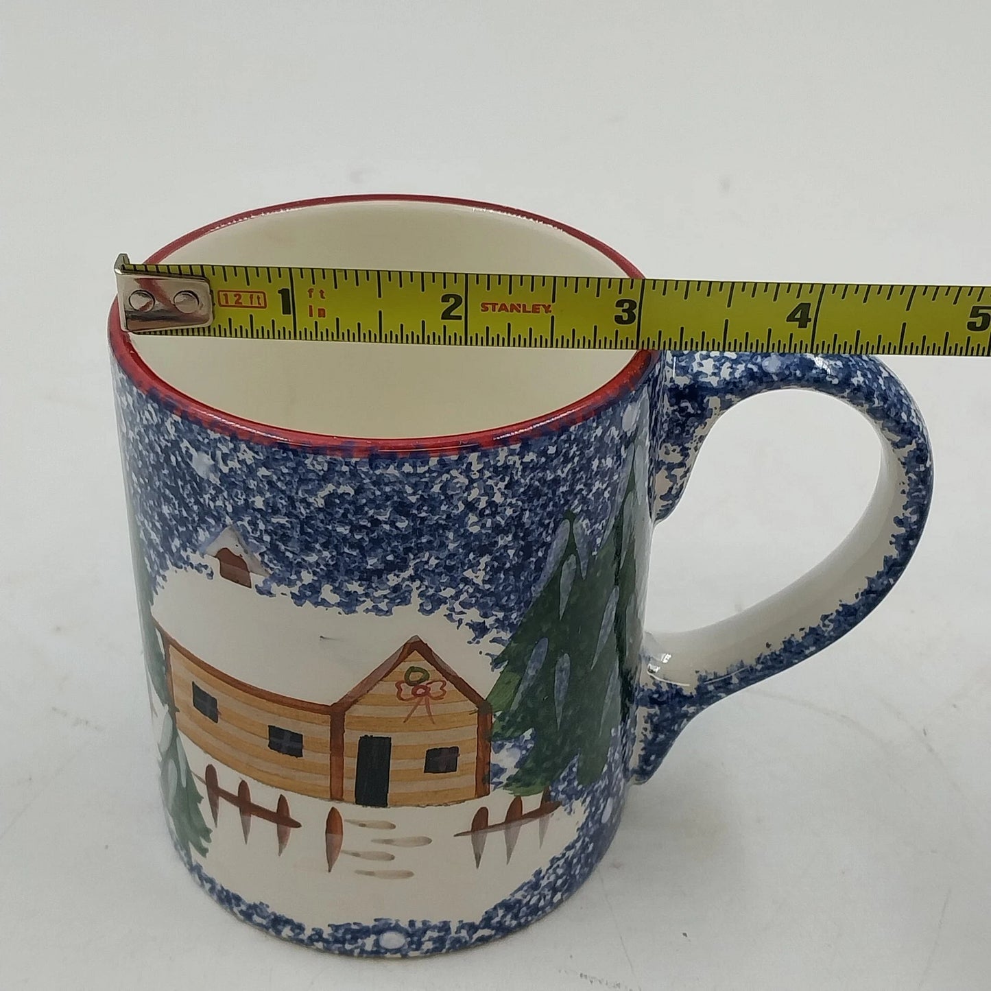 Coffee Mug Cook's Bazaar Holly Mountain Lodge Winter Scene Blue Speckled Rim Vtg