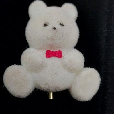 White Teddy Bear Flock Fabric with Red Bow Ribbon Brooch Lapel Pin Silver Tone