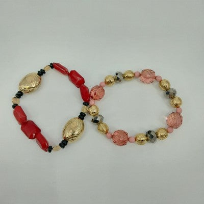 Set of 2 Bracelets Faux Pearl Multicolor Faceted Beaded w/ Gold Tone Stretch 7"