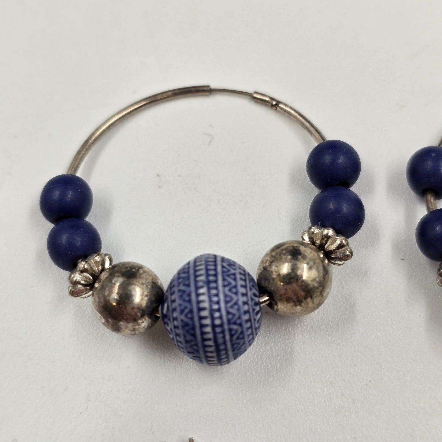 2 Set of Earrings Silver Tone Wire Hoop & Silver Tone w/ Blue Beads Floral 1.25"
