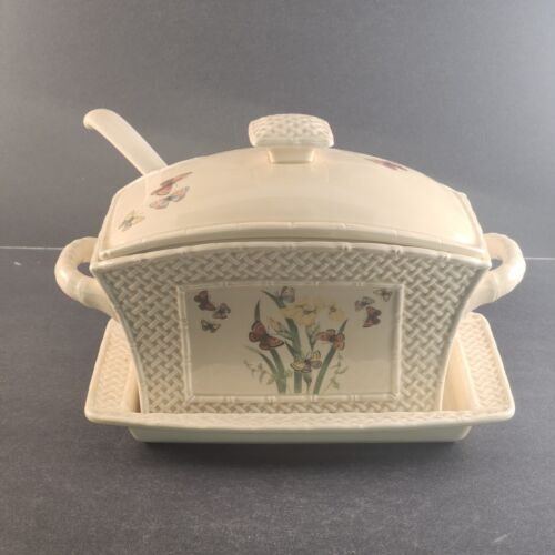 Enesco Butterfly Garden Trellis Vintage Soup Tureen With Lid & Ladle 1978 Japan