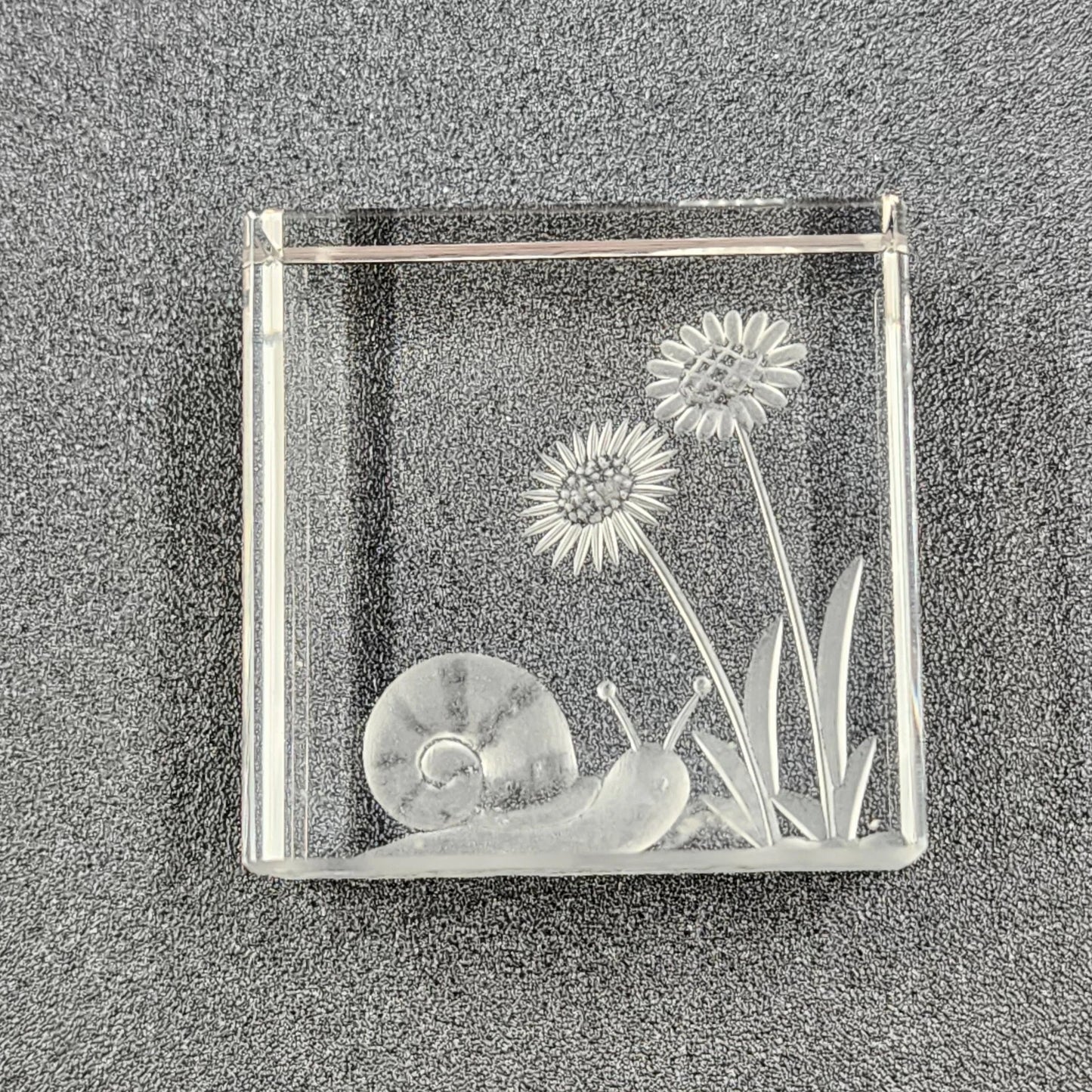 Reverse Etched Glass Paperweight Snail & Flower Design Clear Cube Collectible