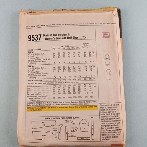 McCall's 9537 Vintage Sewing Pattern Women's Dress in Two Versions Size 16½