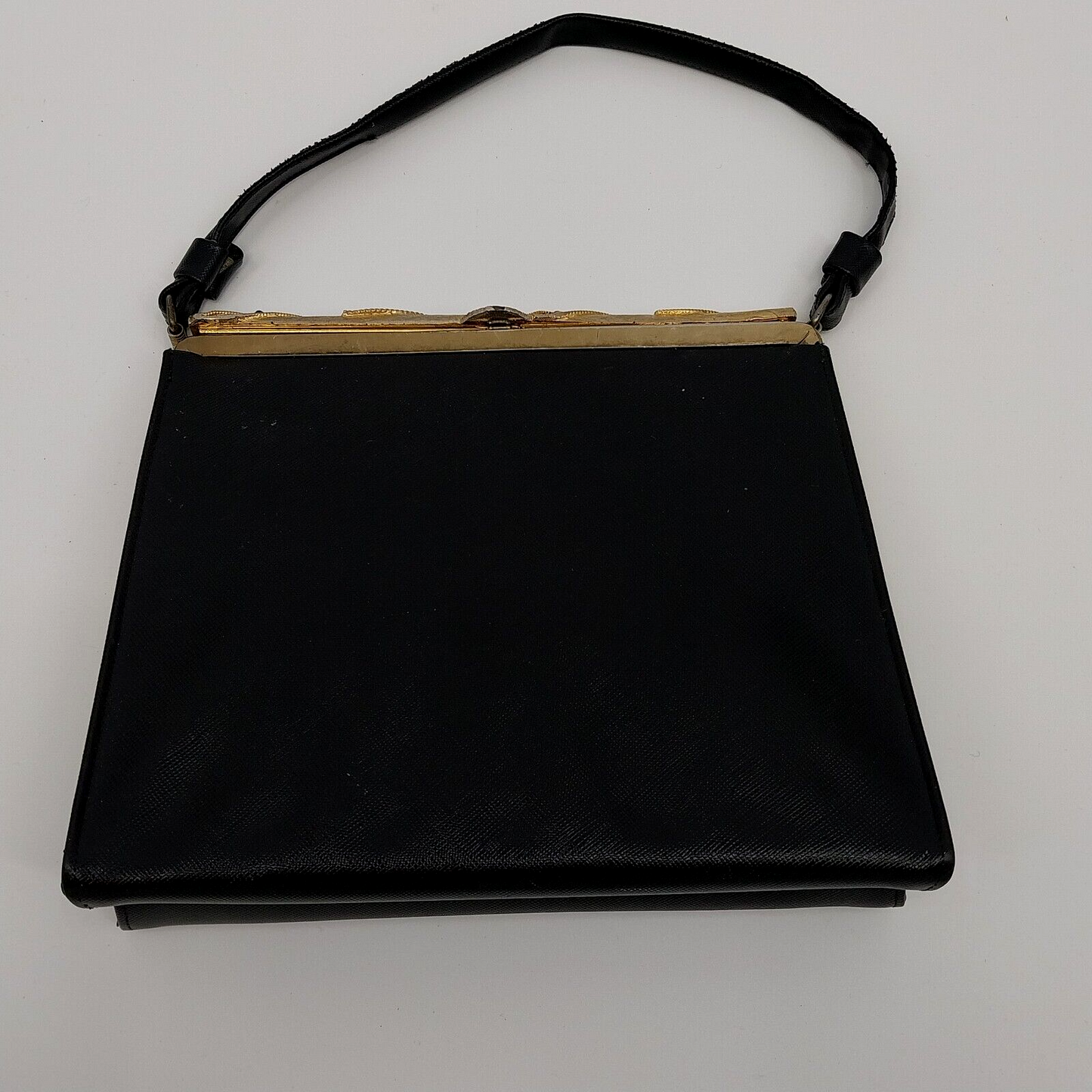 Black Handbag Vintage w Coin Purse Rhinestone Metal Clasp Closure 8"