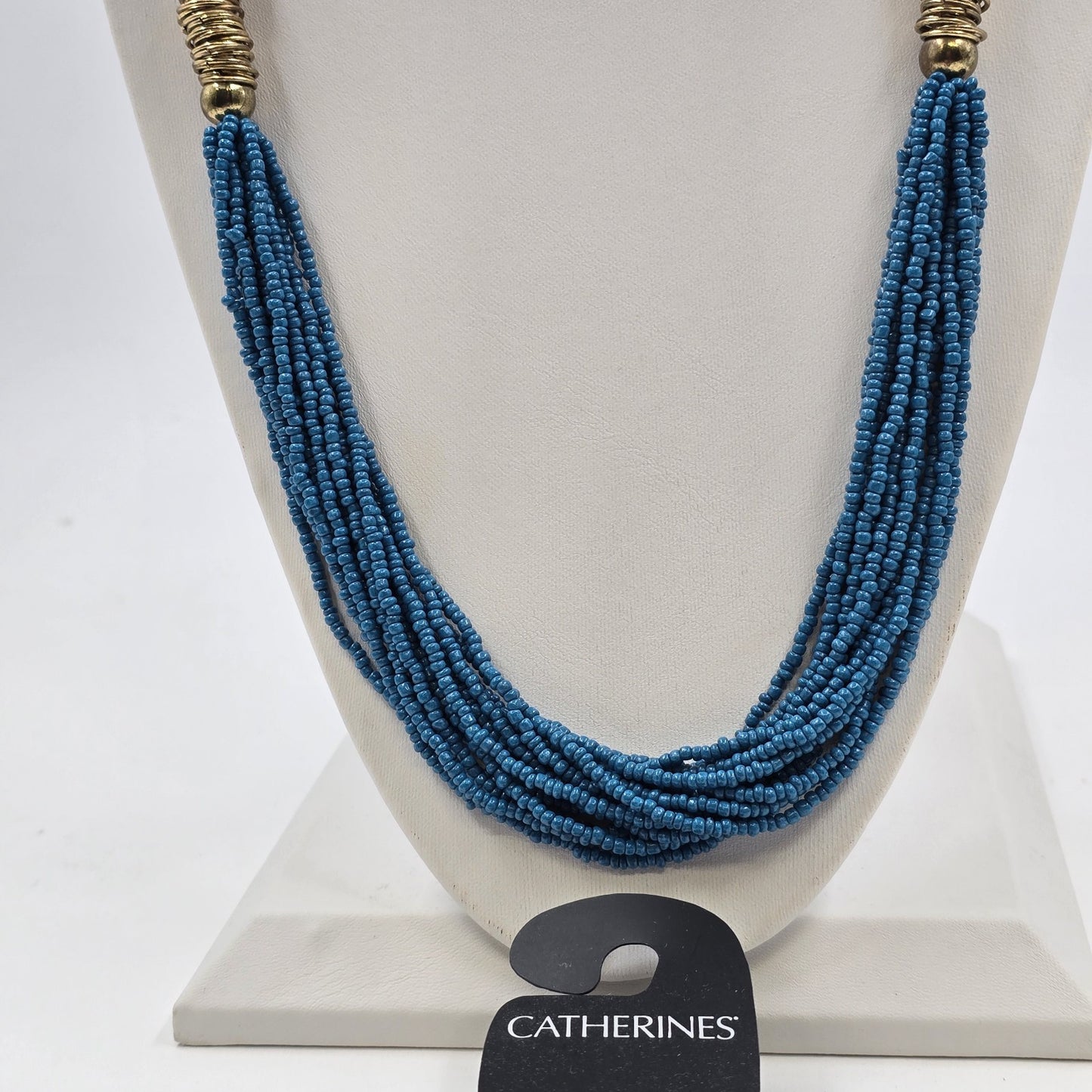 Catherines Blue Seed Bead & Gold Tone Accents Multi Strand Necklace 19"
